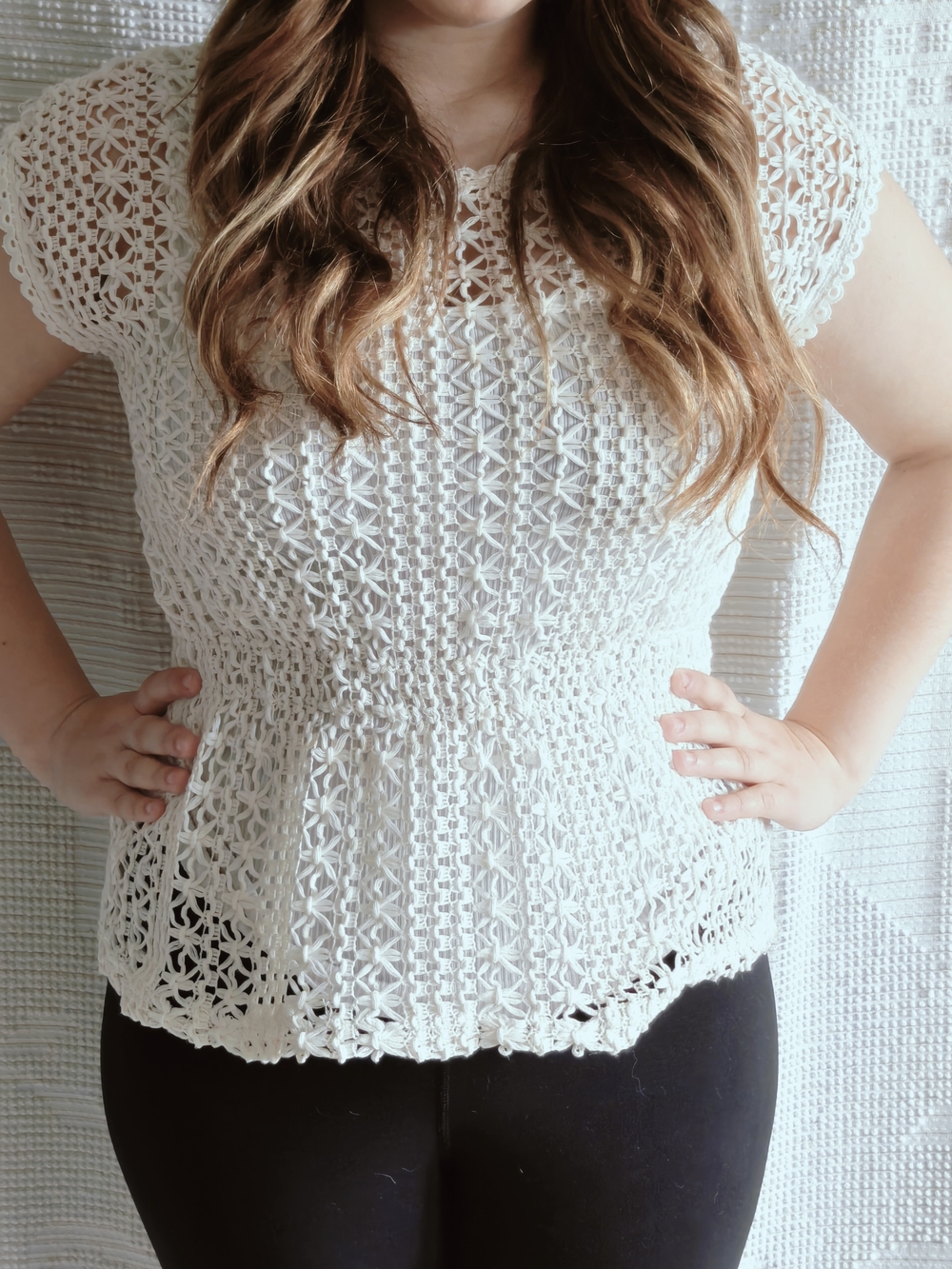 Loft 82 Vintage 90s Cream Crochet Open Knit Peplum Top | Cotton Lace Blouse Sz S